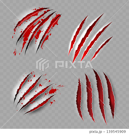 Realistic Bloody Claw Scratch Marks Set. Vector Torn Paper or Flesh Effect with Red Blood Splatters 139545909