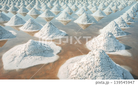 Brine salt farm at Samut Sakhon, Thailand. Organic sea salt. Evaporation and crystallization of sea water. Raw material of salt industrial. Sodium Chloride. Solar evaporation system. Iodine source. 139545947