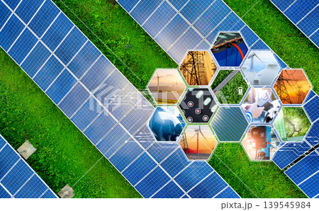 Sustainable renewable energy. Solar panels and wind turbines generate clean electricity for EV charging. Green infrastructure. SDGs and ESG goals. Innovative technology. Eco-friendly transportation. Sustainable renewable energy. Solar panels and wind turbines generate clean electricity for EV charging. Green infrastructure. SDGs and ESG goals. Innovative technology. Eco-friendly transportation. 139545984