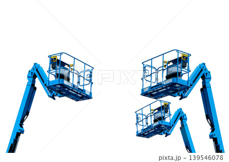 Articulated boom lift. Aerial platform lift. Telescopic boom lift isolated on white. Mobile construction crane for rent and sale. Maintenance and repair hydraulic boom lift service. Crane dealership. Articulated boom lift. Aerial platform lift. Telescopic boom lift isolated on white. Mobile construction crane for rent and sale. Maintenance and repair hydraulic boom lift service. Crane dealership. 139546078