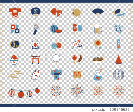 A set of vector illustrations featuring Japanese-style icons and decorative elements inspired by Japanese summer. 139546622