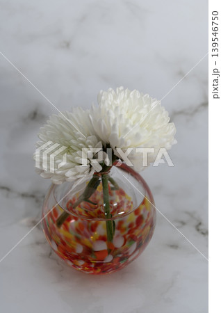 明るい背景で暖色硝子球形一輪挿に白い菊(縦構図) 明るい背景で暖色硝子球形一輪挿に白い菊(縦構図) 139546750