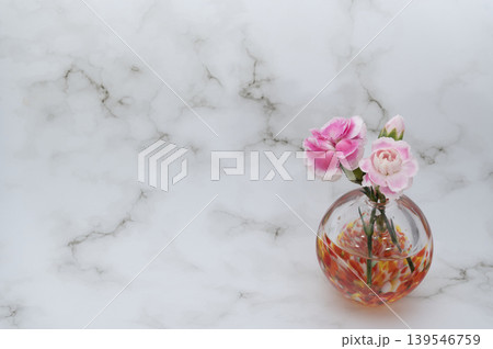 暖色球形ガラス一輪挿しに挿した桃色のカーネーションの花とつぼみ(右配置) 暖色球形ガラス一輪挿しに挿した桃色のカーネーションの花とつぼみ(右配置) 139546759