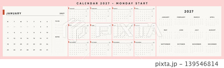 2027 Calendar Template Design. Monday Start Monthly Calendar with Notes and To Do List. Clean Minimal Office Planner Layout for Business and Desk Use. 2027 Calendar Template Design. Monday Start Monthly Calendar with Notes and To Do List. Clean Minimal Office Planner Layout for Business and Desk Use. 139546814