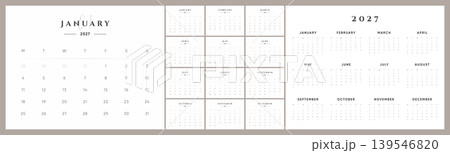 Elegant 2027 Calendar Template. Monday Start Minimal Monthly Calendar with Soft Neutral Border and Classic Typography. Elegant 2027 Calendar Template. Monday Start Minimal Monthly Calendar with Soft Neutral Border and Classic Typography. 139546820