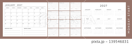 Brown 2027 Calendar Template. Monday Start Monthly Planner with Important Dates, Goals and Large Writing Grid. Brown 2027 Calendar Template. Monday Start Monthly Planner with Important Dates, Goals and Large Writing Grid. 139546831