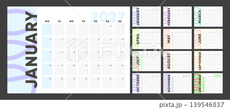 Colorful 2027 Calendar Template. Monday Start Monthly Planner with Abstract Waves and Bold Vertical Month Typography. 139546837