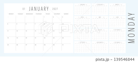 Thin Line 2027 Calendar Template. Monday Start Minimal Monthly Planner with Large Grid and Elegant Typography Layout. 139546844
