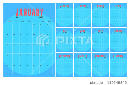 Bright Blue 2027 Calendar Template. Monday Start Colorful Monthly Planner with Pink Typography and Large Grid Layout. Bright Blue 2027 Calendar Template. Monday Start Colorful Monthly Planner with Pink Typography and Large Grid Layout. 139546846