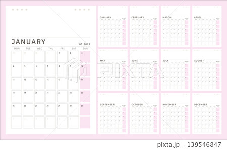 Pink 2027 Calendar Template. Monday Start Monthly Planner with Weekend Columns, Large Boxes and Clean Grid Layout. Pink 2027 Calendar Template. Monday Start Monthly Planner with Weekend Columns, Large Boxes and Clean Grid Layout. 139546847