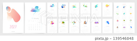 Abstract 2027 Calendar Template. Monday Start Artistic Monthly Calendar with Colorful Gradient Shapes and Minimal Wall Layout. Abstract 2027 Calendar Template. Monday Start Artistic Monthly Calendar with Colorful Gradient Shapes and Minimal Wall Layout. 139546848