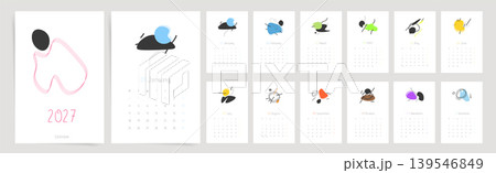 Abstract 2027 Calendar Template. Monday Start Modern Monthly Calendar with Organic Shapes and Minimal Art Layout. 139546849