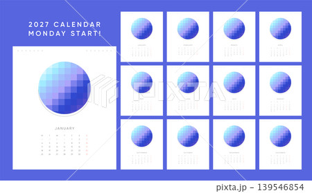 Blue 2027 Calendar Template. Monday Start Minimal Monthly Calendar with Pixel Gradient Circle and Clean Wall Layout. Blue 2027 Calendar Template. Monday Start Minimal Monthly Calendar with Pixel Gradient Circle and Clean Wall Layout. 139546854