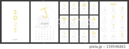 Yellow 2027 Calendar Template. Monday Start Monthly Calendar with Large Initial Letters and Minimal Poster Layout. Yellow 2027 Calendar Template. Monday Start Monthly Calendar with Large Initial Letters and Minimal Poster Layout. 139546861