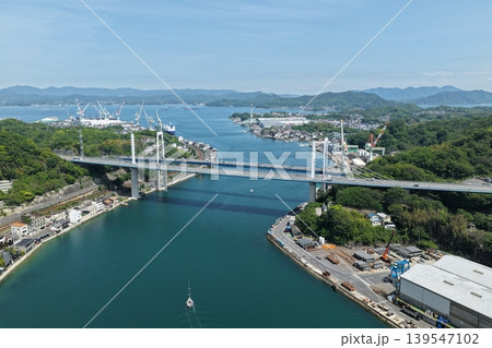 広島県尾道水道と尾道大橋・新尾道大橋を俯瞰した空撮写真 139547102