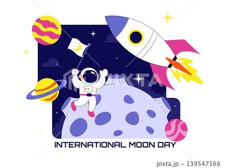 International Moon Day Vector Illustration Featuring Astronaut Crescent Moon Space Rocket Satellite and Cosmic Exploration Theme Design International Moon Day Vector Illustration Featuring Astronaut Crescent Moon Space Rocket Satellite and Cosmic Exploration Theme Design 139547168
