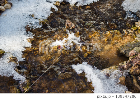 Crisp water of a snowy stream trickling over pebbles, surrounded by icy patches. A cold yet vibrant nature scene 139547286