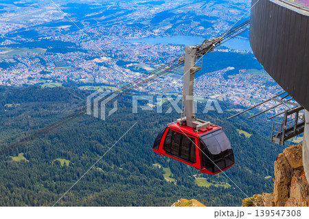 Overhead cable car to the top of Mount Pilatus in Canton Lucerne, Switzerland Overhead cable car to the top of Mount Pilatus in Canton Lucerne, Switzerland 139547308