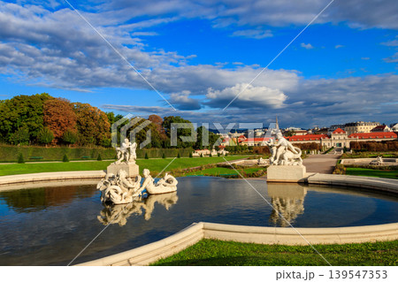 Fountain sculptures in Belvedere Gardens with Lower Belvedere in Vienna, Austria 139547353