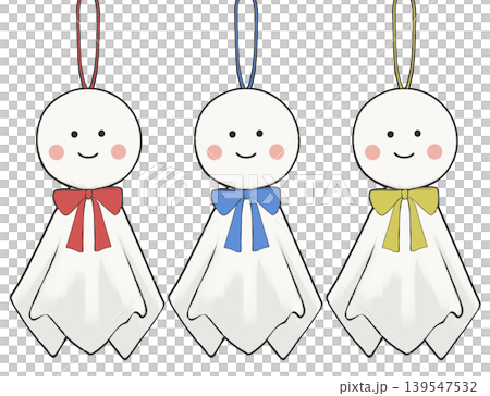 Illustration of a set of three cute teru teru bozu dolls in different colors (front view) Illustration of a set of three cute teru teru bozu dolls in different colors (front view) 139547532