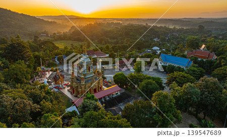 Aerial View of Riverside Cafe with Colorful Umbrellas 139547689