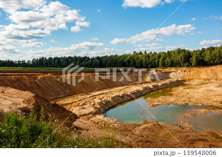 Expansive sand quarry, a huge open-pit, with heavy machinery and a water-filled basin. Earthworks in progress, raw material extraction under blue skies Expansive sand quarry, a huge open-pit, with heavy machinery and a water-filled basin. Earthworks in progress, raw material extraction under blue skies 139548006