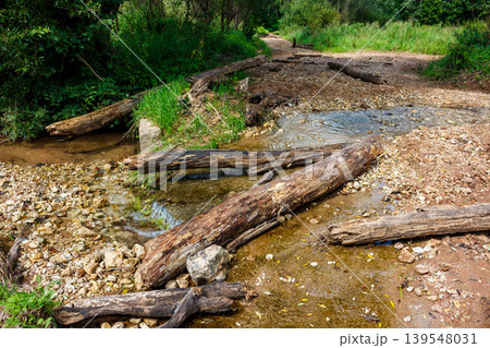 Gnarly logs bridge a shallow, rocky creek. A rustic trail winds through lush woods, a natural ford Gnarly logs bridge a shallow, rocky creek. A rustic trail winds through lush woods, a natural ford 139548031