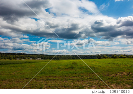 Big, puffy clouds fill the bright summer sky above a lush green field. A tranquil country vista, quite peaceful Big, puffy clouds fill the bright summer sky above a lush green field. A tranquil country vista, quite peaceful 139548036