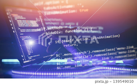 Conceptual software development. Programmer hand with stylus on touchscreen and abstract glowing coding overlay in neon light. 139549010