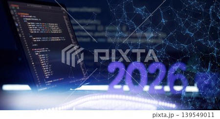 2026 digital networking concept. Software development screen illuminated by futuristic glowing data connections and neon light. 2026 digital networking concept. Software development screen illuminated by futuristic glowing data connections and neon light. 139549011