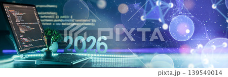 Future technology 2026 concept. Programming success, IT innovations and artificial intelligence. Laptop with code and winner trophy on futuristic digital network background. 139549014