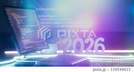 2026 software development and technology concept. Programmer workspace with computer screen showing code and futuristic neon lighting. Wide web banner 2026 software development and technology concept. Programmer workspace with computer screen showing code and futuristic neon lighting. Wide web banner 139549015