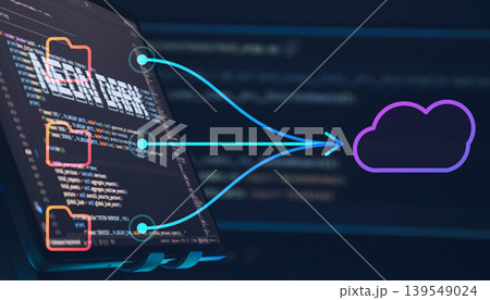 Cloud migration and data backup concept. Holographic folders transferring files to a cloud icon over a computer screen with programming code. Web banner. 139549024