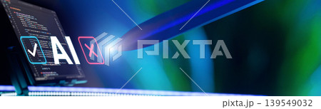Artificial Intelligence decision and testing concept. Digital stylus pointing at AI text with yes and no checkmarks. Developer tablet with code in background. Panoramic banner. 139549032