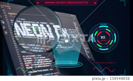Cybersecurity breach concept. Magnifying glass analyzing code with critical system warning HUD. Cybersecurity breach concept. Magnifying glass analyzing code with critical system warning HUD. 139549038