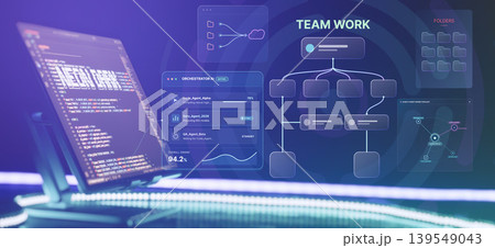 Concept of autonomous AI agents orchestration and software development. Futuristic dashboard showing AI team work, project management flowchart, and coding monitor. Concept of autonomous AI agents orchestration and software development. Futuristic dashboard showing AI team work, project management flowchart, and coding monitor. 139549043