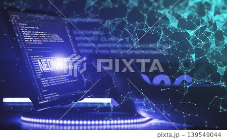 Programmer analyzing digital code on a glowing futuristic interface 139549044