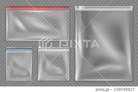 Transparent ziplock bags and resealable plastic pouches with zipper sliders, realistic empty storage packaging mockups for food, travel, cosmetics and household organization. Vector set Transparent ziplock bags and resealable plastic pouches with zipper sliders, realistic empty storage packaging mockups for food, travel, cosmetics and household organization. Vector set 139549827