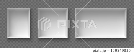 Open white box mockups, realistic 3D empty square and rectangular packaging trays for gift, food, bakery and retail presentation, branding, ecommerce and product display. Vector set Open white box mockups, realistic 3D empty square and rectangular packaging trays for gift, food, bakery and retail presentation, branding, ecommerce and product display. Vector set 139549830