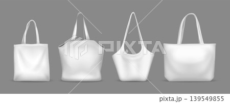 White canvas tote bag mockups, realistic 3D reusable shopping bags with handles for eco retail branding, fashion boutique, grocery, beach and promotional merchandise. Vector set White canvas tote bag mockups, realistic 3D reusable shopping bags with handles for eco retail branding, fashion boutique, grocery, beach and promotional merchandise. Vector set 139549855