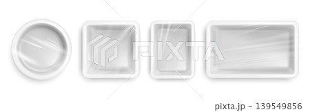 Styrofoam food tray mockups with clear wrap, realistic 3D white disposable packaging top view, templates for takeaway meals, supermarket groceries, catering and bakery products. Vector set Styrofoam food tray mockups with clear wrap, realistic 3D white disposable packaging top view, templates for takeaway meals, supermarket groceries, catering and bakery products. Vector set 139549856