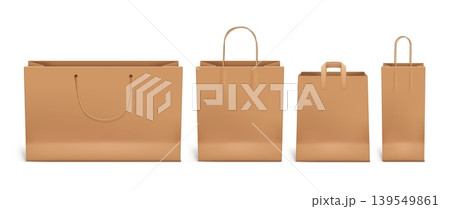 Kraft paper shopping bags in wide, square and narrow formats, realistic 3D brown packaging mockups with rope and flat handles, blank eco retail bag vector collection Kraft paper shopping bags in wide, square and narrow formats, realistic 3D brown packaging mockups with rope and flat handles, blank eco retail bag vector collection 139549861