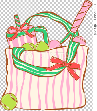 Pink Tennis Ball with Red Bow Whimsical Hand Drawn 139549904