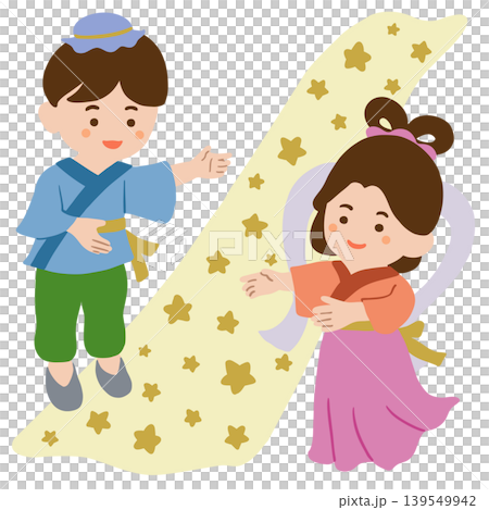 天の川を挟んで向かい合う織り姫と彦星 天の川を挟んで向かい合う織り姫と彦星 139549942