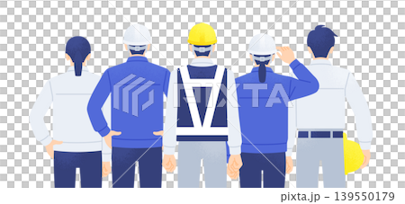 希望と自信を感じる後ろ姿 未来を見据え力強く立つ作業員  現場で働く人々の背中を描いたイラスト 139550179