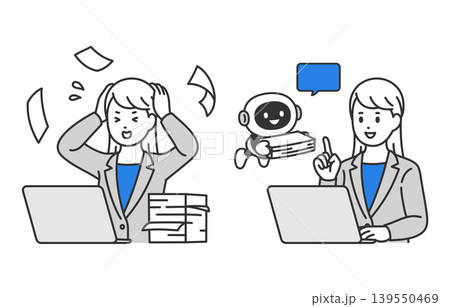 AI･チャットボットで書類整理を効率化するビジネスパーソン女性のセット【人物ベクターイラスト素材】 139550469