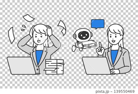 AI･チャットボットで書類整理を効率化するビジネスパーソン女性のセット【人物ベクターイラスト素材】 139550469