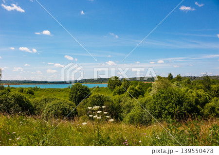 Breezy summer vibe: verdant fields, wildflowers, and bushy greenery under a brilliant blue sky. A serene turquoise lake peeks in the background Breezy summer vibe: verdant fields, wildflowers, and bushy greenery under a brilliant blue sky. A serene turquoise lake peeks in the background 139550478