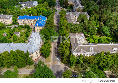 Aerial shot reveals a tree-lined city street, a white car on a crosswalk, bordered by old-school residential buildings. Green foliage pops 139550496