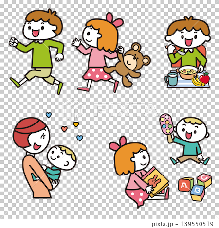 食事、遊びをする子供と親子 食事、遊びをする子供と親子 139550519